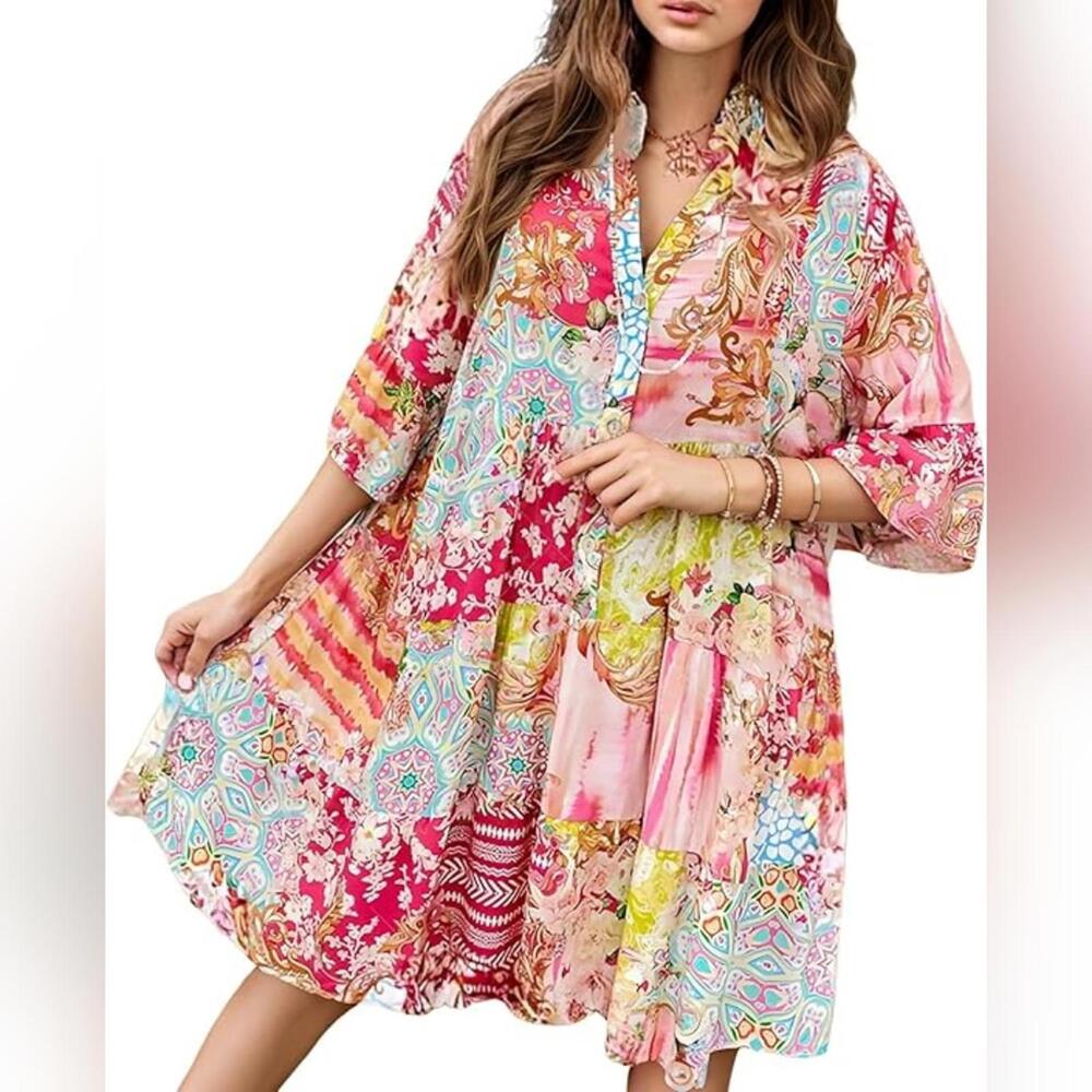 NWT Women's Babydoll Boho Floral 3/4 Bell Sleeve Loose Mini Dress, Small